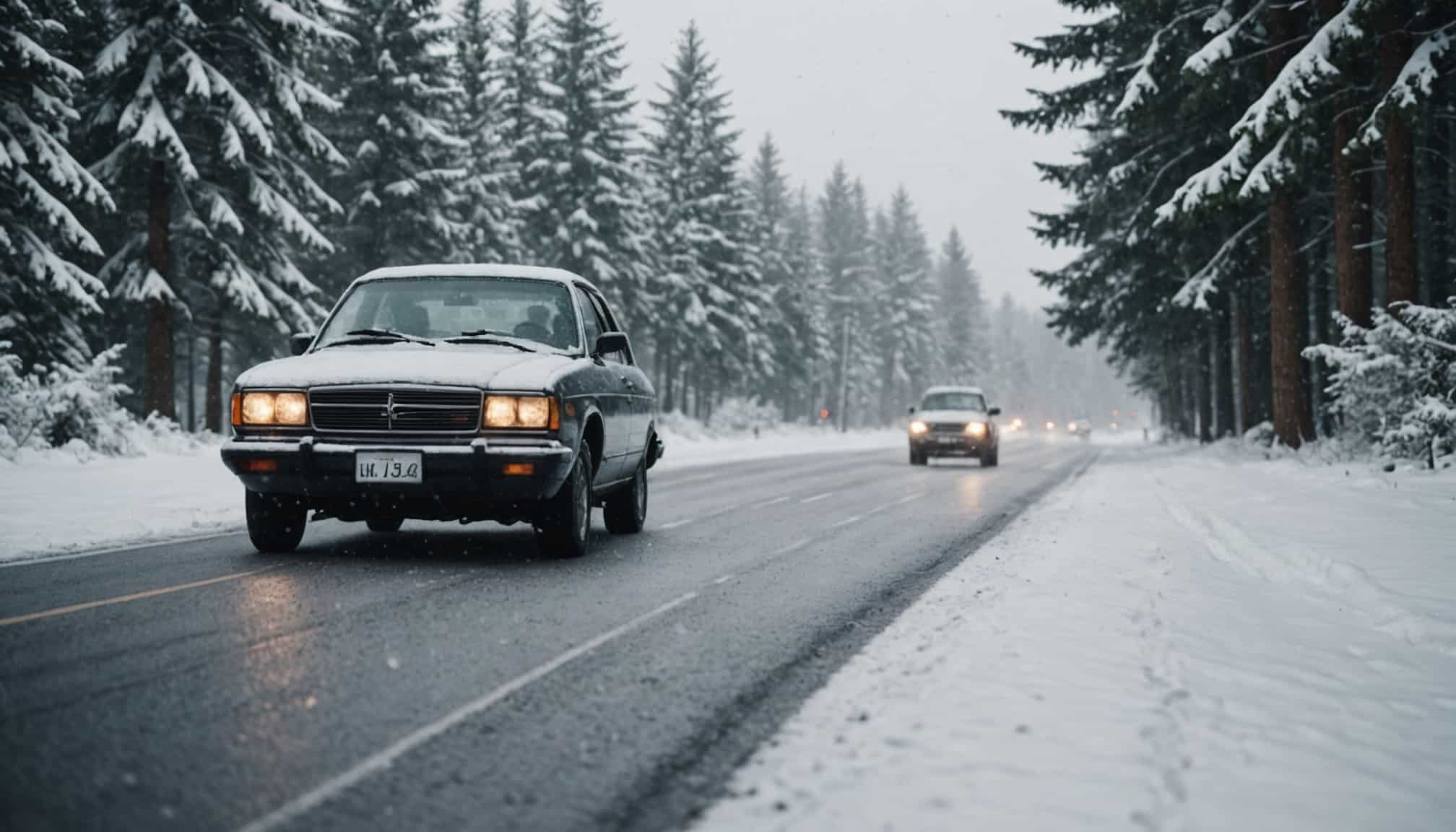 Conduite hivernale avec neige et précautions essentielles  
Automobiliste vérifiant les pneus sur route enneigée