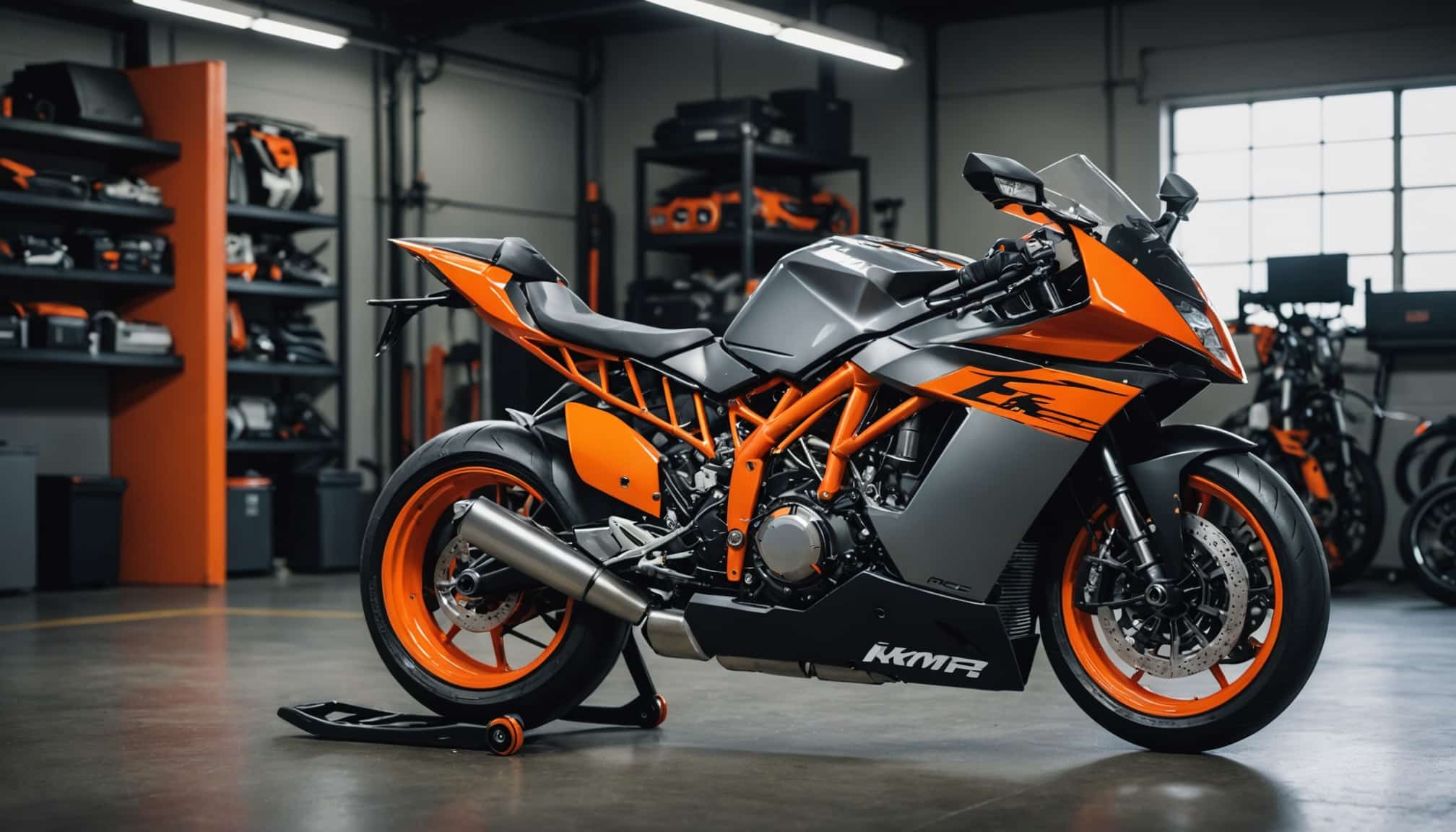 KTM RC8 sportive rouge sur circuit en pleine vitesse