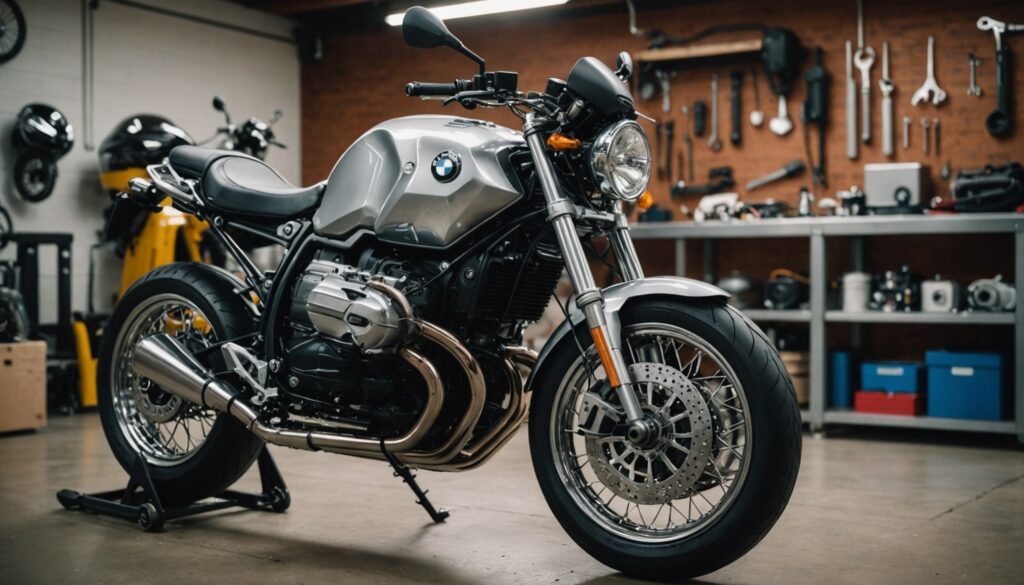 Réparation de moto BMW dans un garage à Paris