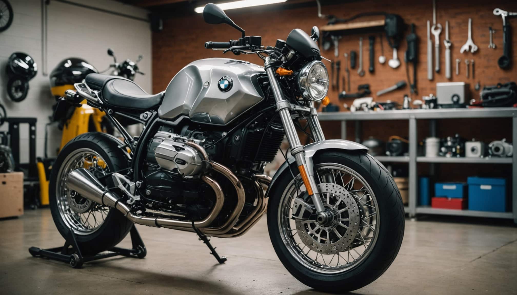 Réparation de moto BMW dans un garage à Paris