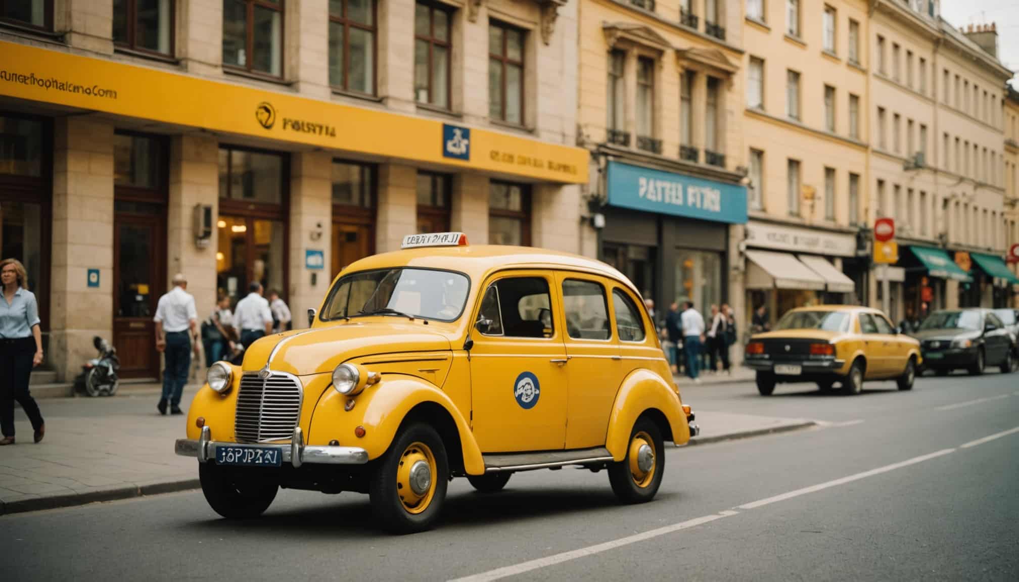 Voiture jaune emblématique de La Poste en mouvement  
Modèle iconique de La Poste avec sa couleur vive