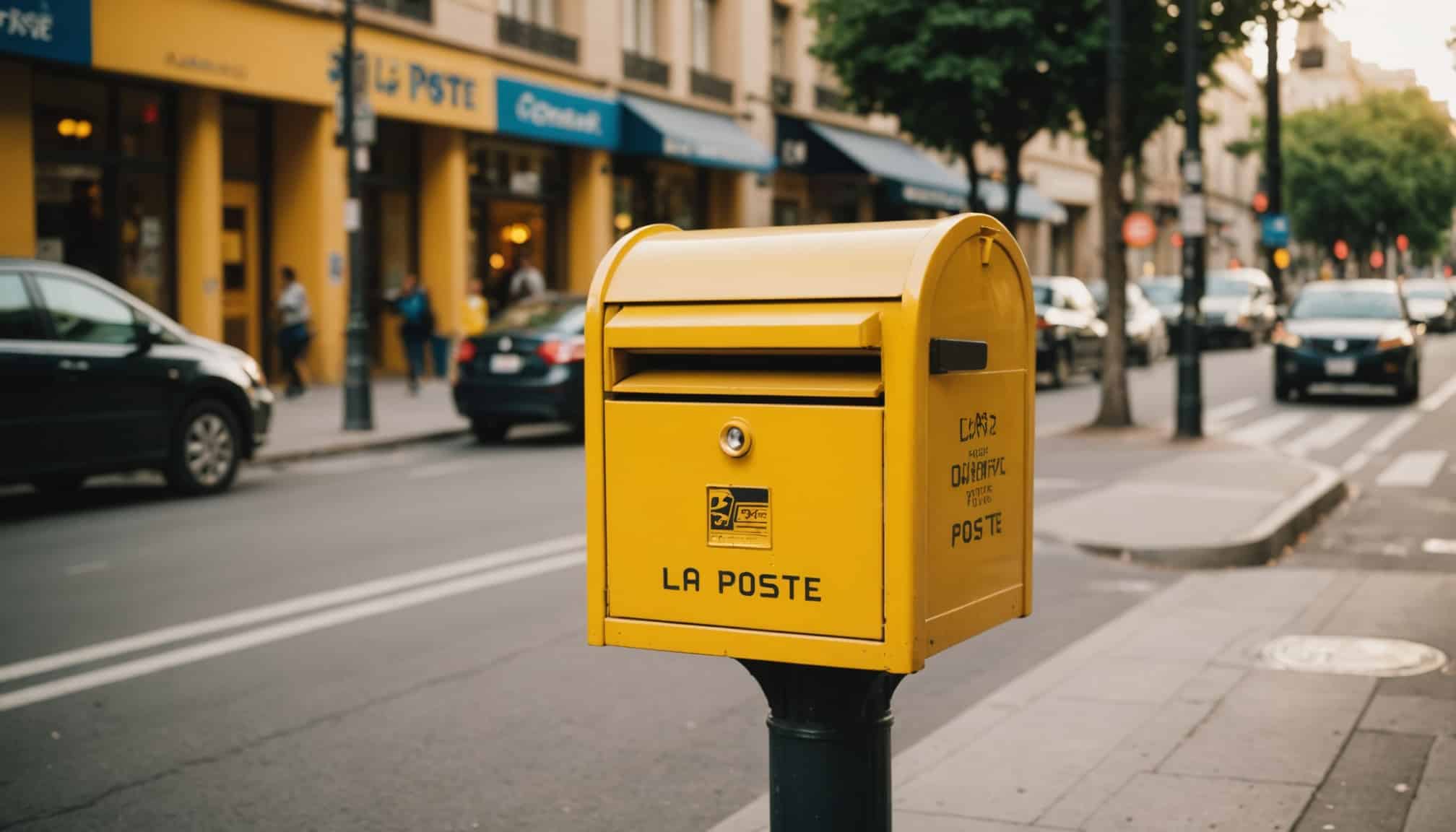 Voiture jaune emblématique de La Poste en mouvement